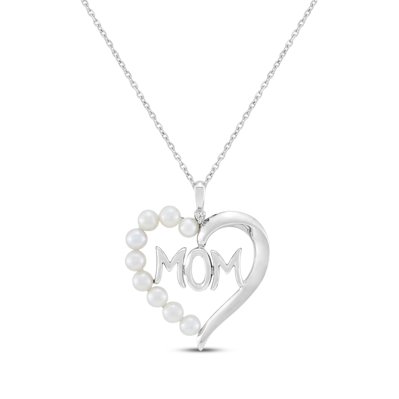 Main Image 1 of Cultured Pearl & White Lab-Created Sapphire Accent "Mom" Heart Necklace Sterling Silver 18"