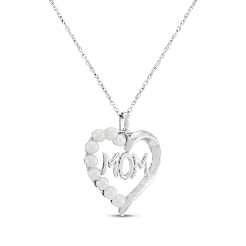 Main Image 2 of Cultured Pearl & White Lab-Created Sapphire Accent "Mom" Heart Necklace Sterling Silver 18"