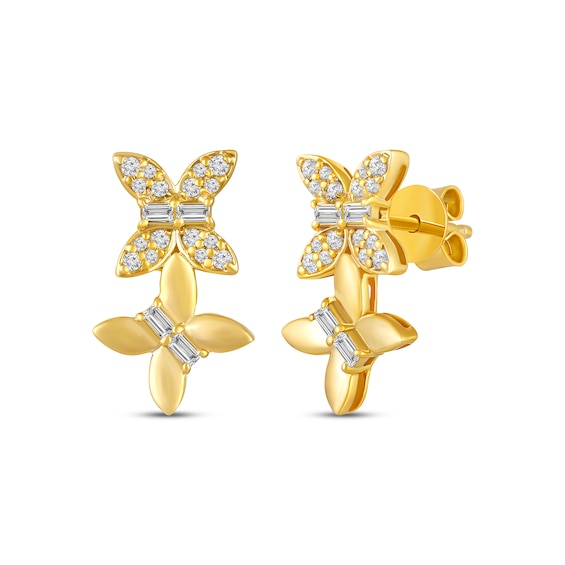 Baguette & Round-Cut Diamond Double Butterfly Earrings 1/4 ct tw 10K Yellow Gold