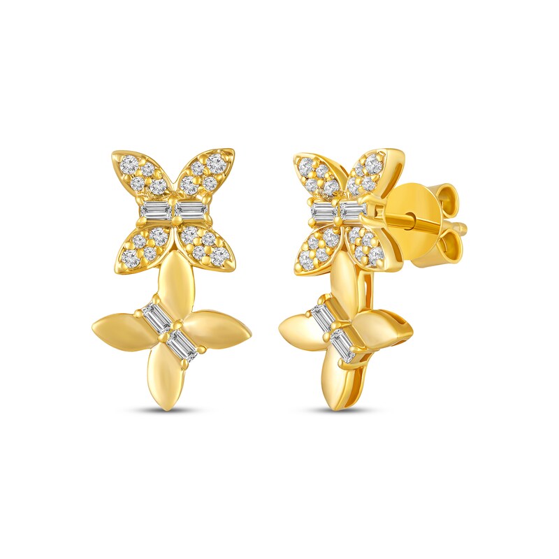 Main Image 1 of Baguette & Round-Cut Diamond Double Butterfly Earrings 1/4 ct tw 10K Yellow Gold