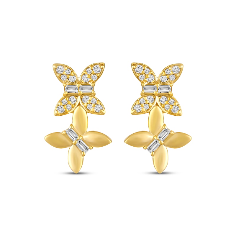 Main Image 2 of Baguette & Round-Cut Diamond Double Butterfly Earrings 1/4 ct tw 10K Yellow Gold