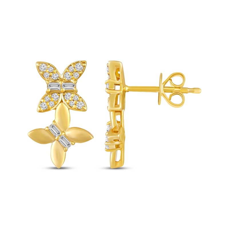 Main Image 3 of Baguette & Round-Cut Diamond Double Butterfly Earrings 1/4 ct tw 10K Yellow Gold