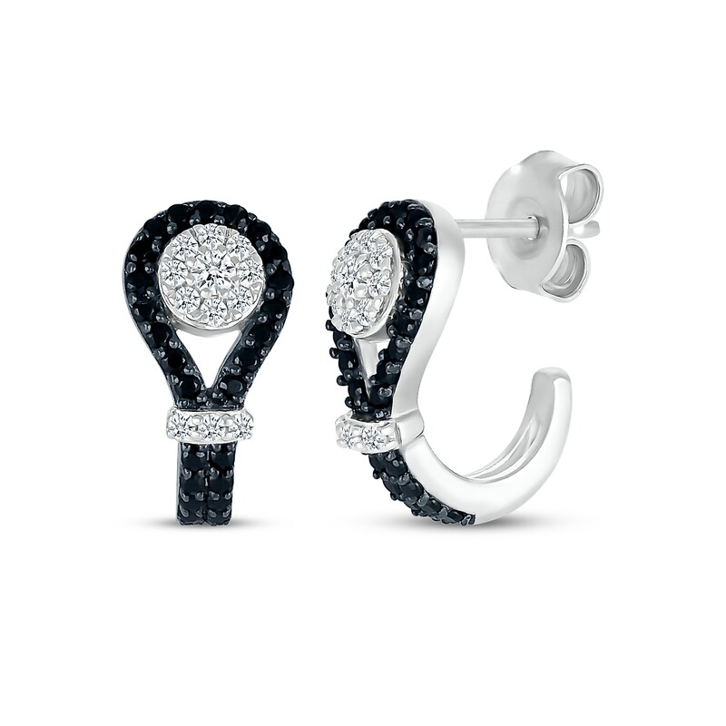 Main Image 1 of Black & White Diamond Buttonhole J-Hoop Earrings 1/2 ct tw Sterling Silver