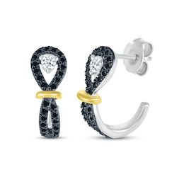 Black & White Diamond Buttonhole J-Hoop Earrings 1/3 ct tw Sterling Silver & 10K Yellow Gold