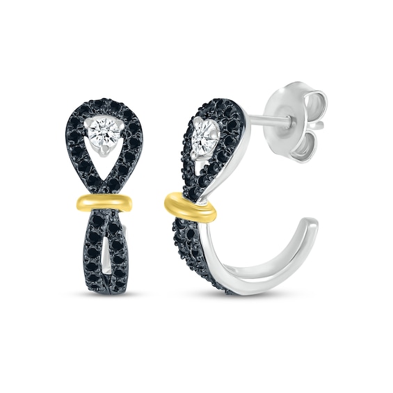 Black & White Diamond Buttonhole J-Hoop Earrings 1/3 ct tw Sterling Silver & 10K Yellow Gold