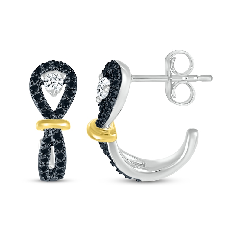 Main Image 3 of Black & White Diamond Buttonhole J-Hoop Earrings 1/3 ct tw Sterling Silver & 10K Yellow Gold