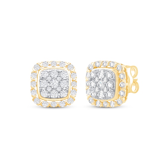 Multi-Diamond Cushion Frame Stud Earrings 1 ct tw 10K Yellow Gold