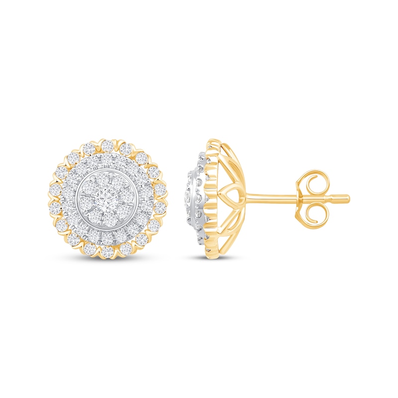 Main Image 3 of Multi-Diamond Circle Halo Stud Earrings 1 ct tw 10K Yellow Gold