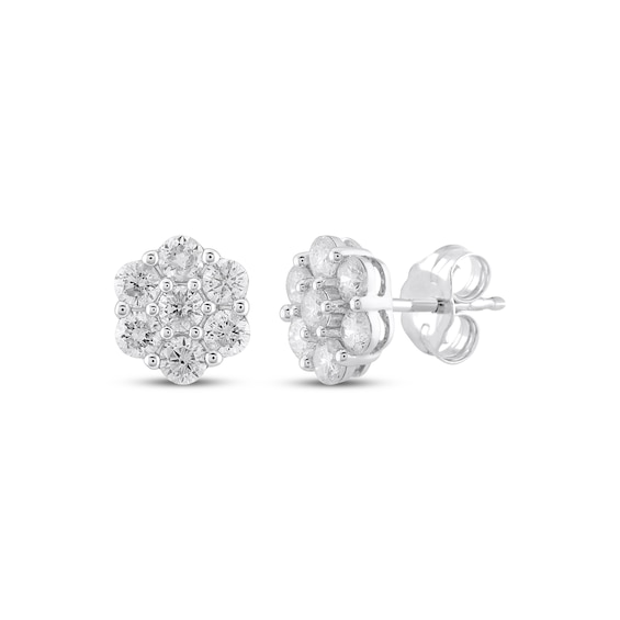 Multi-Diamond Flower Stud Earrings 1 ct tw 10K White Gold