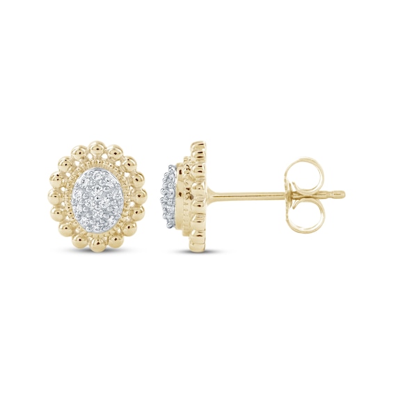 Diamond Oval Beaded Frame Stud Earrings 1/10 ct tw 10K Yellow Gold