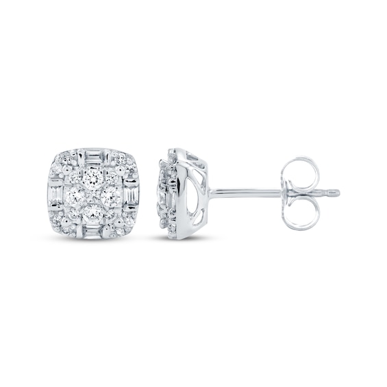 Baguette & Round-Cut Diamond Cushion-Shaped Stud Earrings 1/3 ct tw 10K White Gold