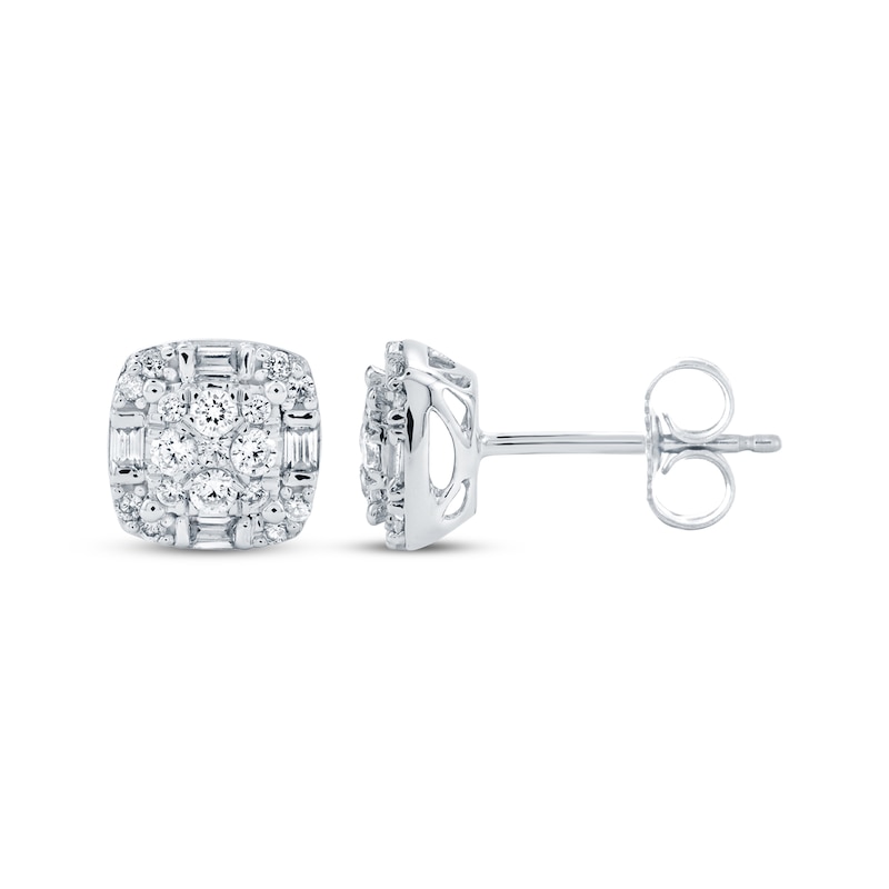 Main Image 1 of Baguette & Round-Cut Diamond Cushion-Shaped Stud Earrings 1/3 ct tw 10K White Gold