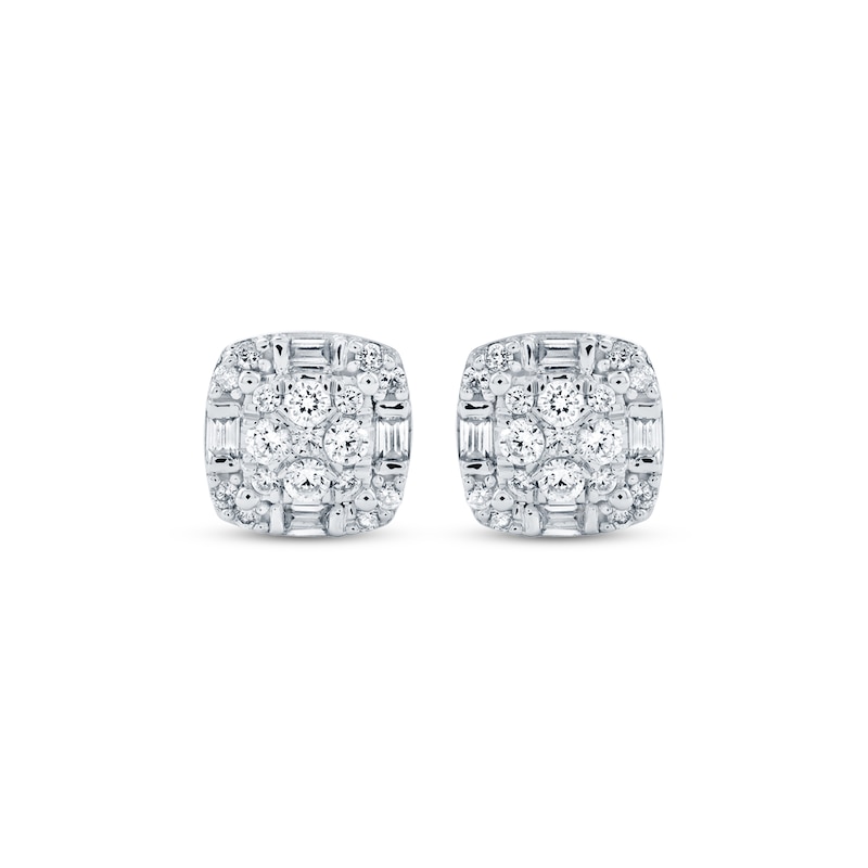 Main Image 2 of Baguette & Round-Cut Diamond Cushion-Shaped Stud Earrings 1/3 ct tw 10K White Gold