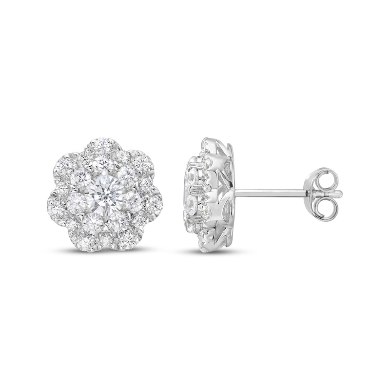 Diamond Flower Stud Earrings 1-1/2 ct tw 14K White Gold