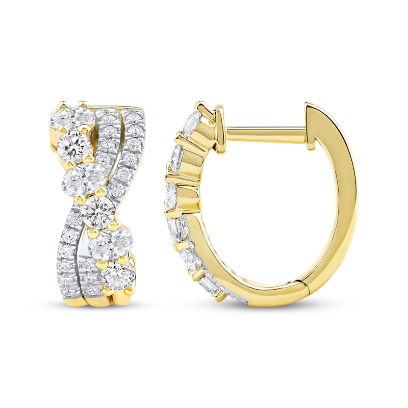 Main Image 3 of Oval & Round-Cut Diamond Crossover Hoop Earrings 1-1/2 ct tw 14K Yellow Gold