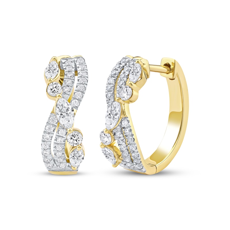 Main Image 1 of Marquise & Round-Cut Diamond Crossover Hoop Earrings 1 ct tw 14K Yellow Gold
