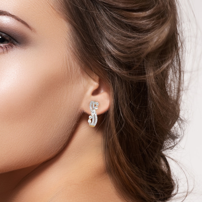 Main Image 4 of Marquise & Round-Cut Diamond Crossover Hoop Earrings 1 ct tw 14K Yellow Gold