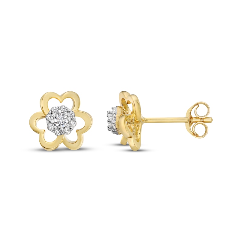 Main Image 1 of Multi-Diamond Heart Flower Frame Earrings 1/6 ct tw 10K Yellow Gold