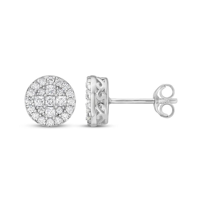 Main Image 1 of Princess & Round-Cut Multi-Diamond Stud Earrings 5/8 ct tw 10K White Gold
