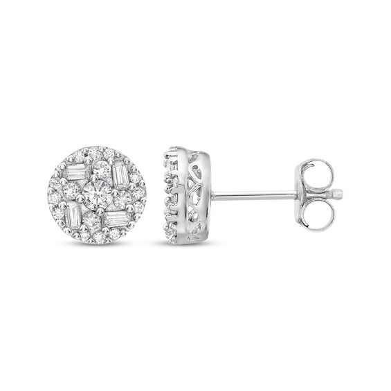 Baguette & Round-Cut Multi-Diamond Stud Earrings 1/2 ct tw 10K White Gold