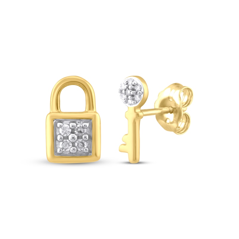 Main Image 1 of Diamond Lock & Key Stud Earrings 1/20 ct tw 10K Yellow Gold