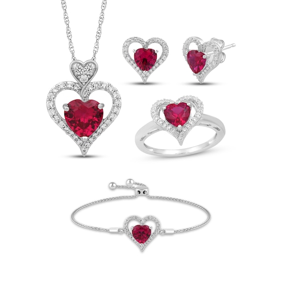 Heart-Shaped Lab-Created Ruby & White Lab-Created Sapphire Gift Set Sterling Silver