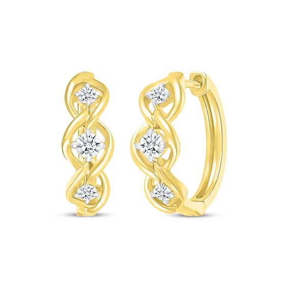 Diamond Three-Stone Twist Hoop Earrings 3/8 ct tw 10K Yellow Gold