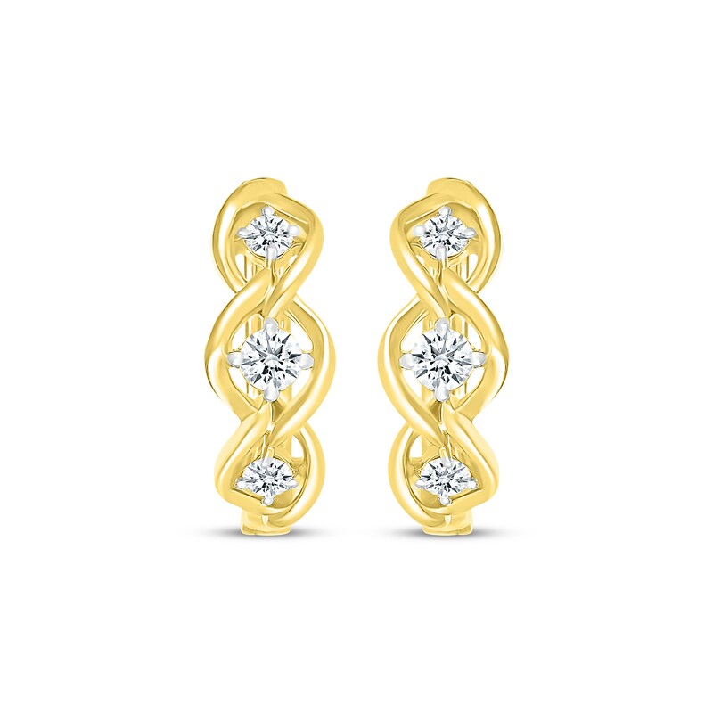 Main Image 2 of Diamond Three-Stone Twist Hoop Earrings 3/8 ct tw 10K Yellow Gold