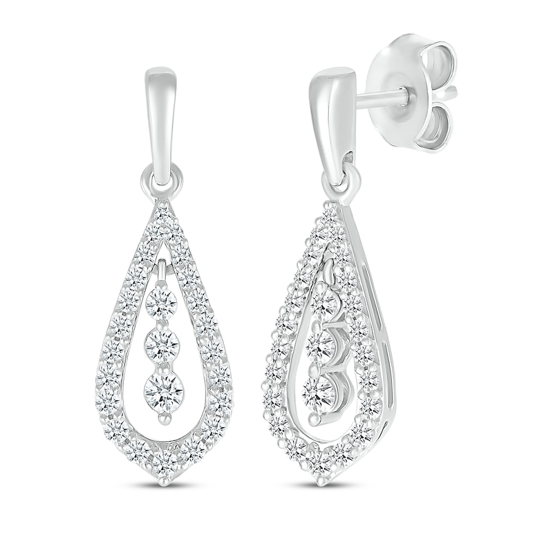 Main Image 1 of Diamond Three-Stone Teardrop Dangle Earrings 1/2 ct tw 10K White Gold