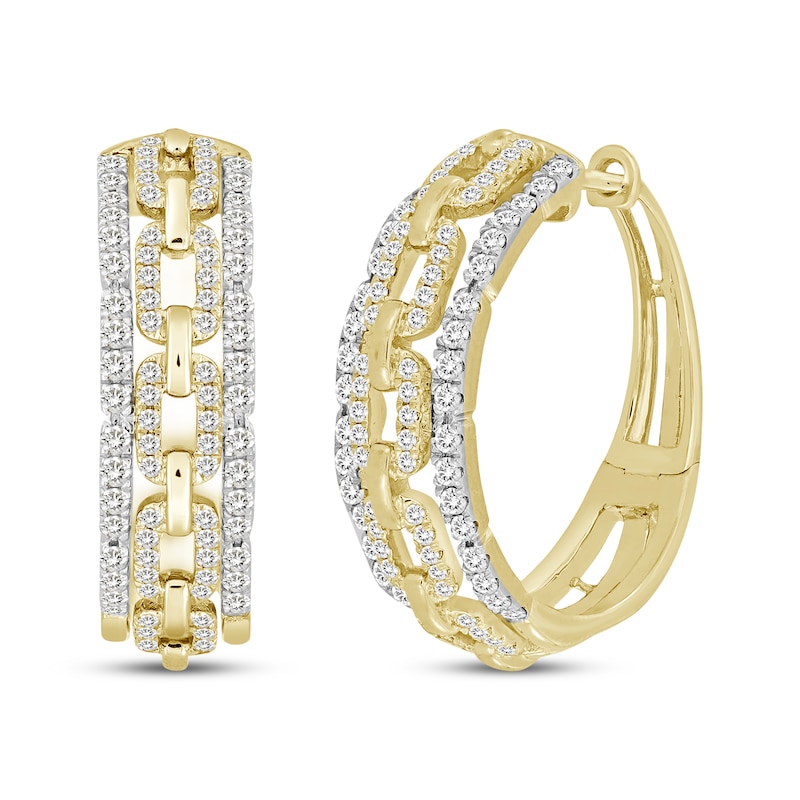 Main Image 1 of Linked Always Diamond Chain Link Hoop Earrings 3/4 ct tw 10K Yellow Gold