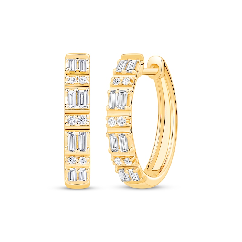 Main Image 1 of Baguette & Round-Cut Diamond Alternating Hoop Earrings 1/3 ct tw 10K Yellow Gold