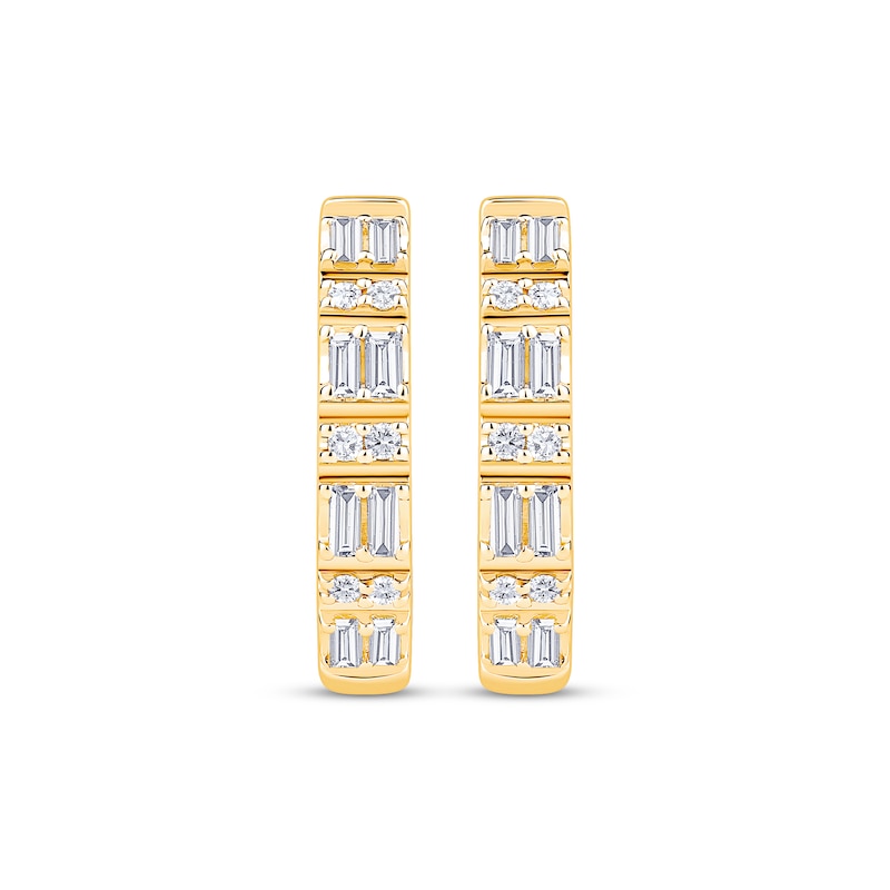 Main Image 2 of Baguette & Round-Cut Diamond Alternating Hoop Earrings 1/3 ct tw 10K Yellow Gold