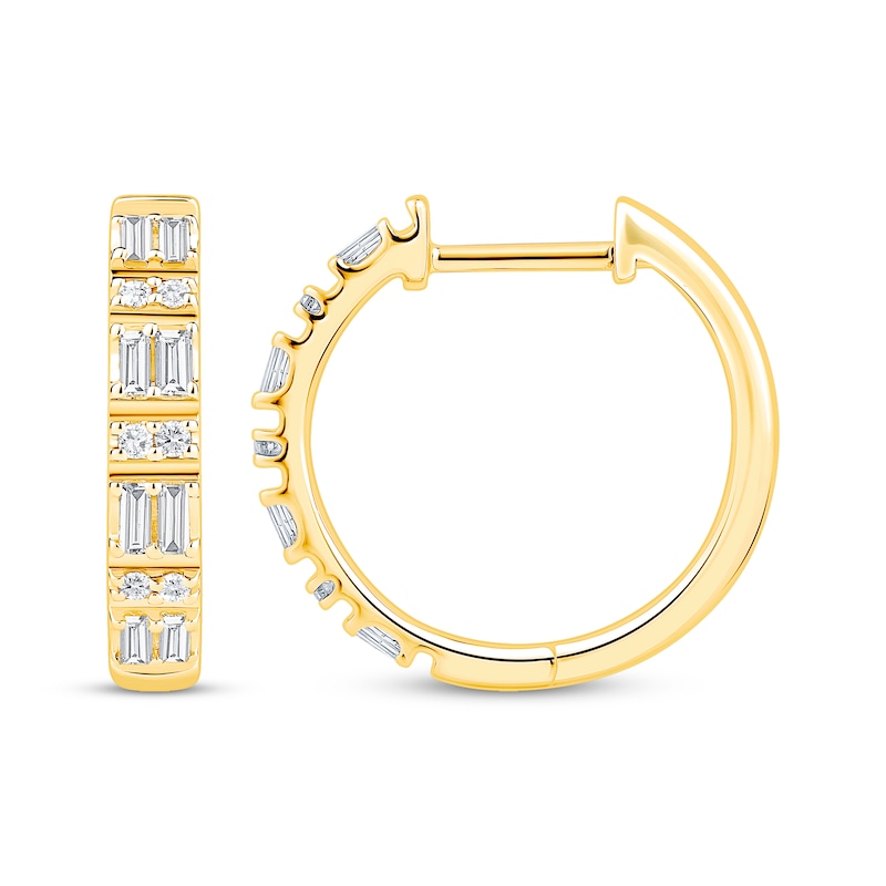 Main Image 3 of Baguette & Round-Cut Diamond Alternating Hoop Earrings 1/3 ct tw 10K Yellow Gold