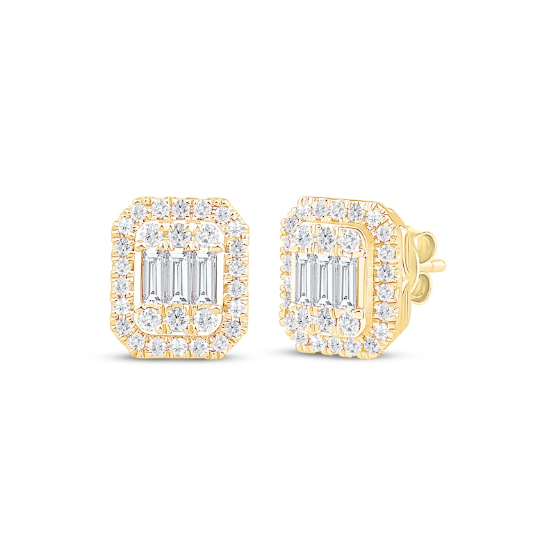 Main Image 1 of Baguette & Round-Cut Multi-Diamond Octagon Halo Stud Earrings 1/2 ct tw 10K Yellow Gold