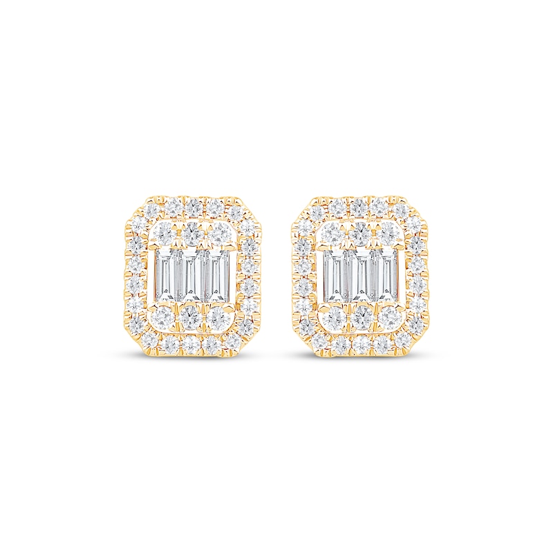 Main Image 2 of Baguette & Round-Cut Multi-Diamond Octagon Halo Stud Earrings 1/2 ct tw 10K Yellow Gold