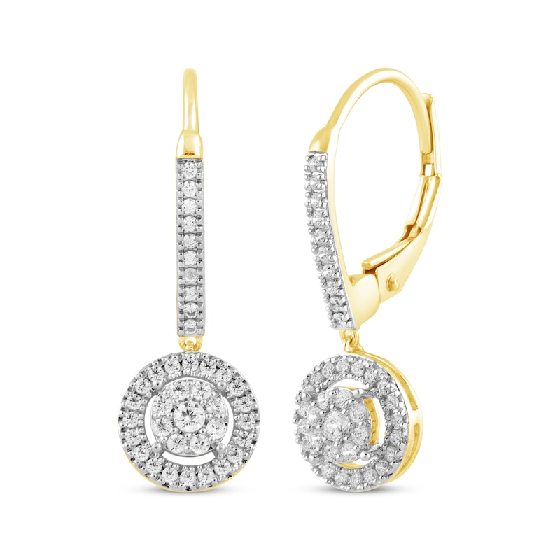 Main Image 1 of Multi-Diamond Circle Halo Dangle Earrings 1/3 ct tw 10K Yellow Gold
