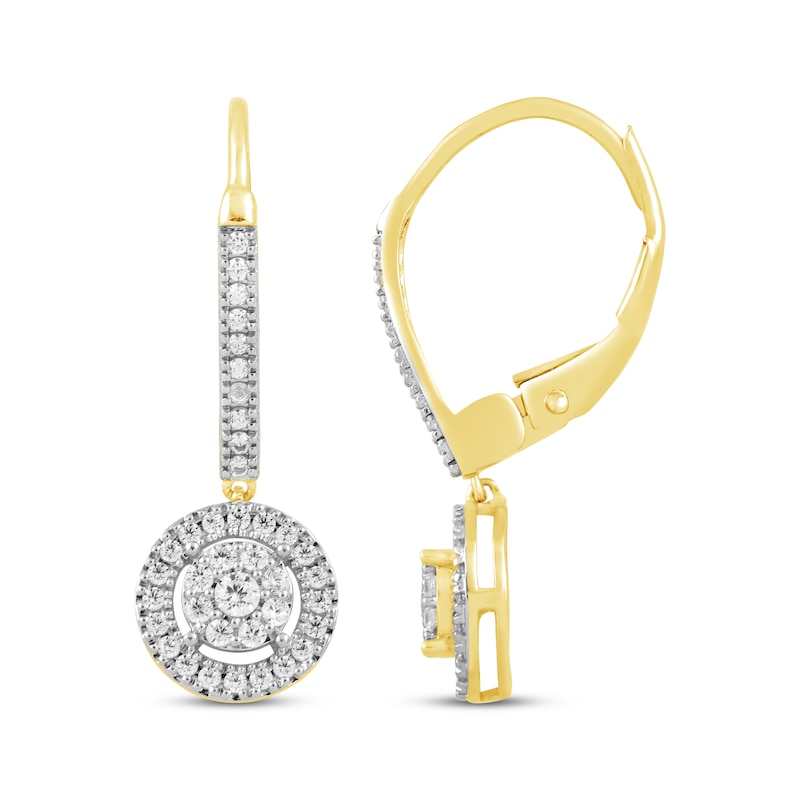 Main Image 3 of Multi-Diamond Circle Halo Dangle Earrings 1/3 ct tw 10K Yellow Gold