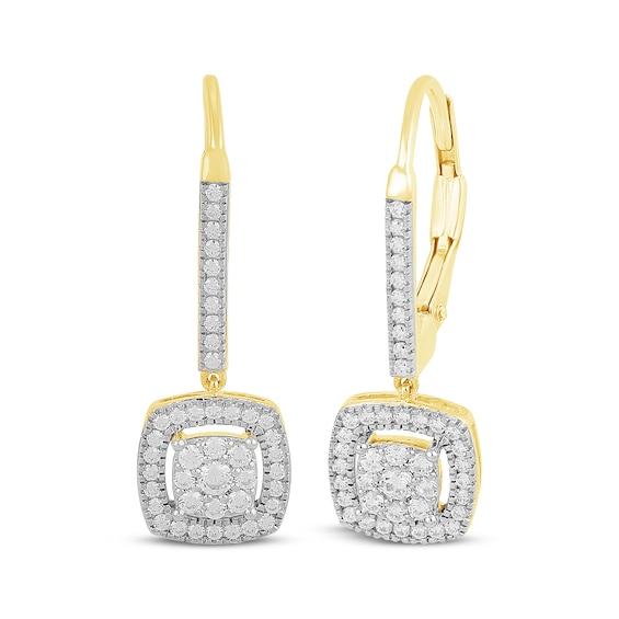 Multi-Diamond Cushion Halo Drop Earrings 1/3 ct tw 10K Yellow Gold