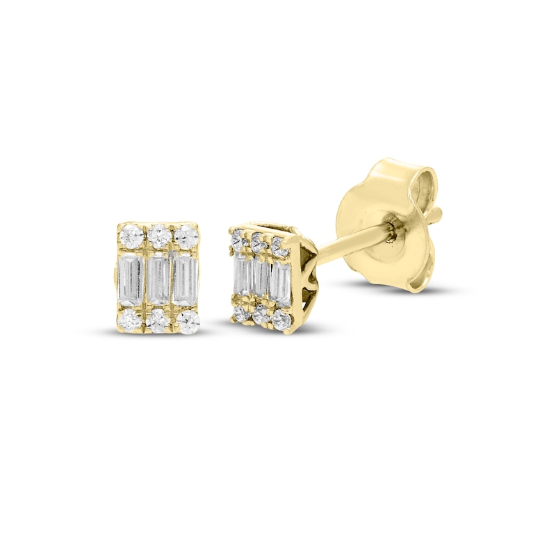 Main Image 1 of Baguette & Round-Cut Multi-Diamond Stud Earrings 1/6 ct tw 10K Yellow Gold