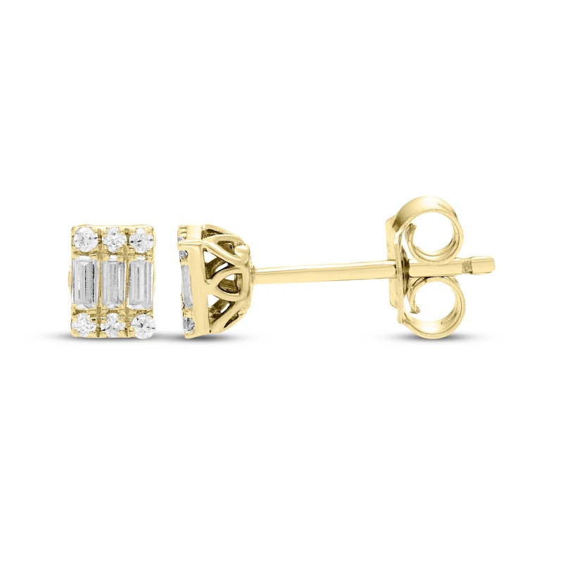 Main Image 2 of Baguette & Round-Cut Multi-Diamond Stud Earrings 1/6 ct tw 10K Yellow Gold