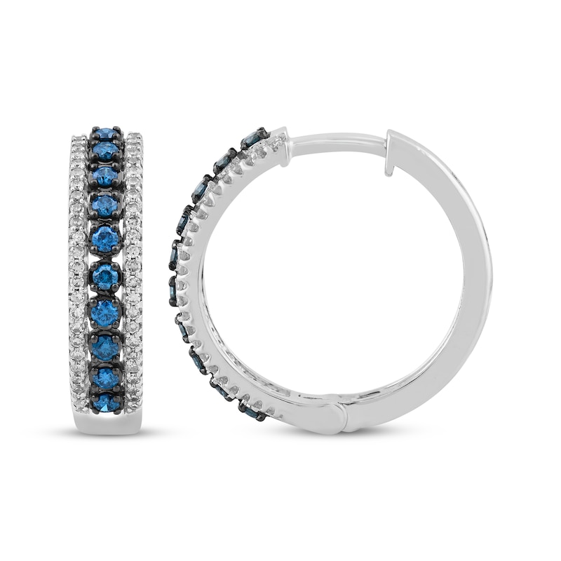 Main Image 3 of Blue & White Diamond Triple Row Hoop Earrings 1/2 ct tw 10K White Gold