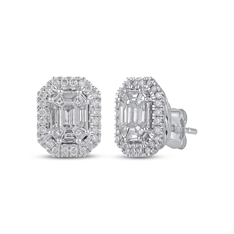 Octagon & Baguette-Cut Diamond Stud Earrings 1 ct tw 10K White Gold