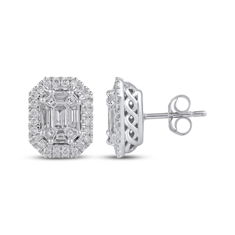 Octagon & Baguette-Cut Diamond Stud Earrings 1 ct tw 10K White Gold