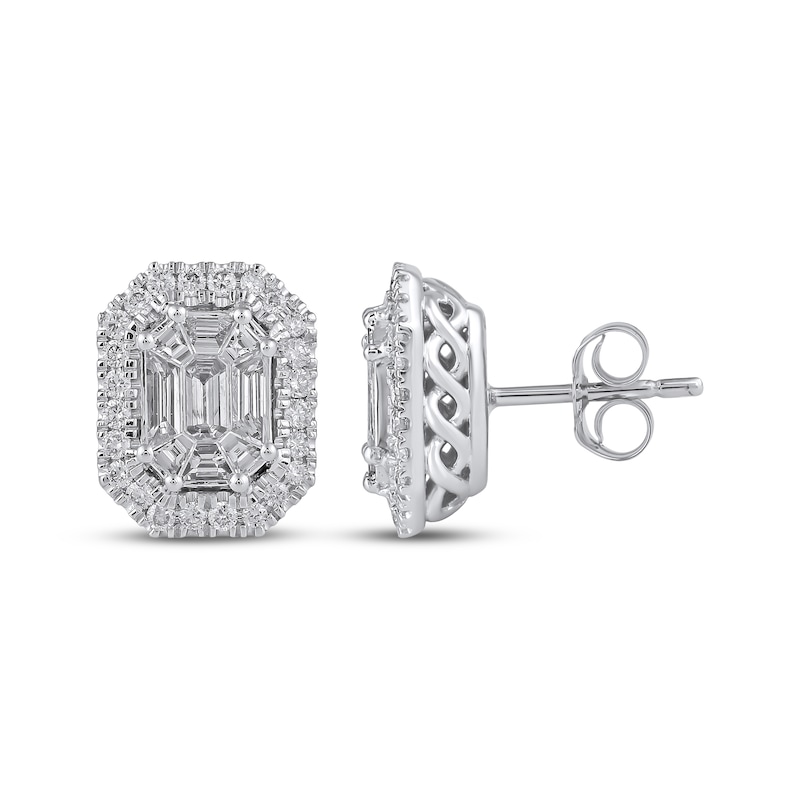 Main Image 3 of Octagon & Baguette-Cut Diamond Stud Earrings 1 ct tw 10K White Gold