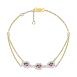 Pear-Shaped Natural Amethyst & Diamond Three-Stone Bracelet 1/4 ct tw 10K Yellow Gold 7.5"