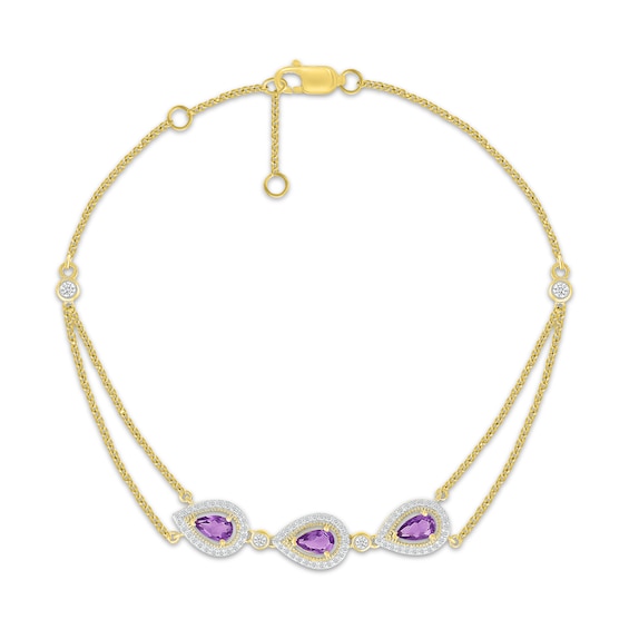 Pear-Shaped Natural Amethyst & Diamond Three-Stone Bracelet 1/4 ct tw 10K Yellow Gold 7.5"