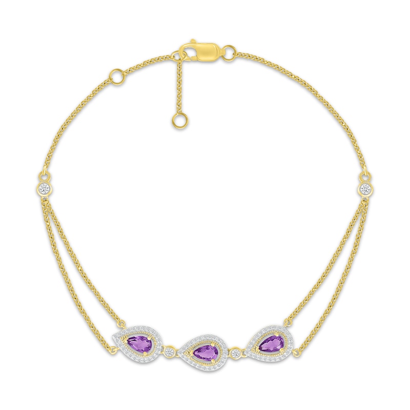 Main Image 1 of Pear-Shaped Natural Amethyst & Diamond Three-Stone Bracelet 1/4 ct tw 10K Yellow Gold 7.5&quot;