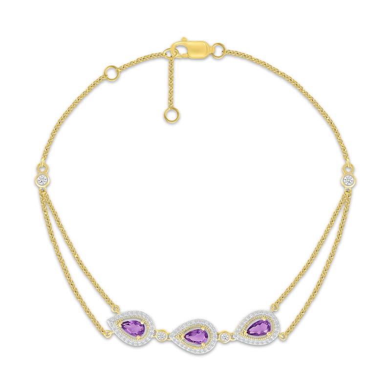 Pear-Shaped Natural Amethyst & Diamond Three-Stone Bracelet 1/4 ct tw 10K Yellow Gold 7.5"