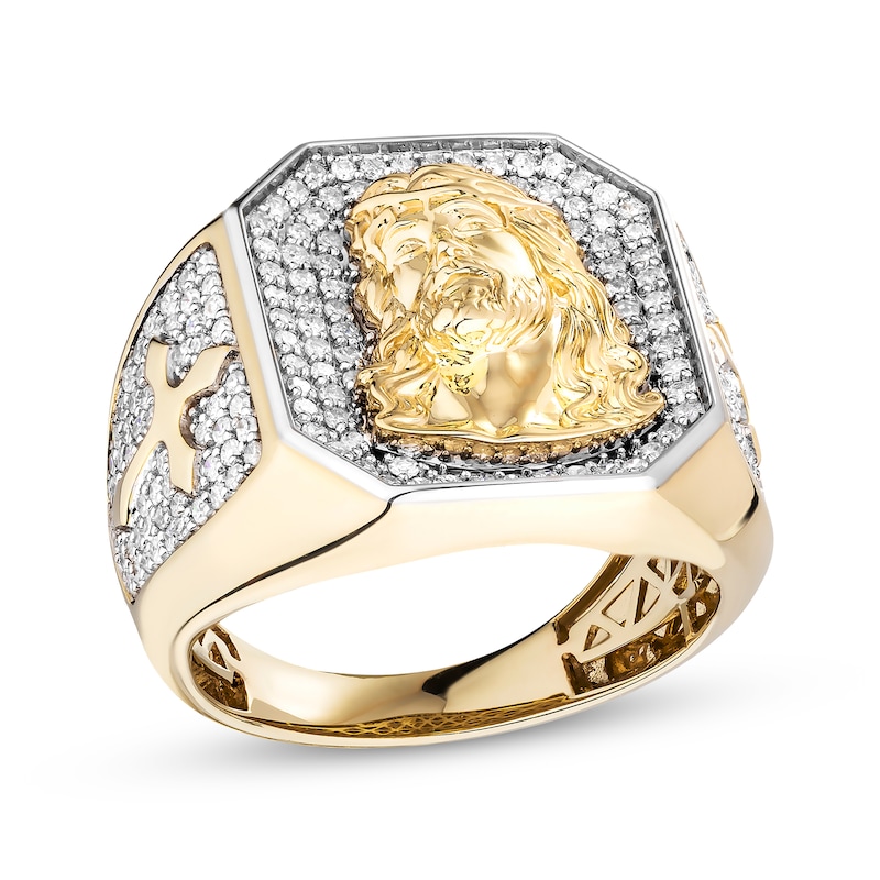Main Image 1 of Men's White & Black Diamond Face of Jesus Signet Ring 1 ct tw 10K Yellow Gold
