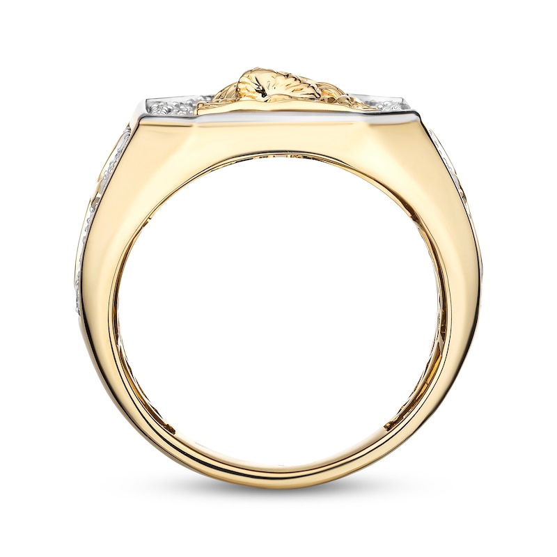 Main Image 3 of Men's White & Black Diamond Face of Jesus Signet Ring 1 ct tw 10K Yellow Gold